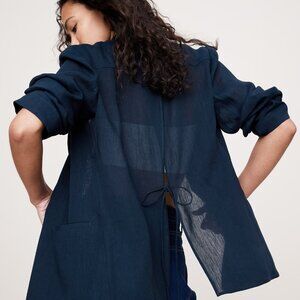 Navy Linen-Viscose Open Back Tie Blazer
